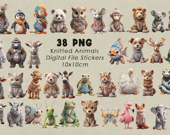 Animales tejidos / Imagen digital tejida / Animales de crochet digitales / Animales tejidos lindos / Archivo digital PNG / PNG de punto / Animales tejidos