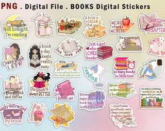 Pode incluir: Um conjunto de 35 adesivos digitais com ilustrações coloridas e citações sobre livros e leitura. Os adesivos apresentam uma variedade de designs, incluindo livros, xícaras de café e flores. Algumas das citações incluem "Read Time", "Knowledge is Power", "Crazy Book Lady", "The Book is Always Better", "Just a Girl Who Loves Books", "Bookmarks are for Quitters", e "Reading is Dreaming with Open Eyes".