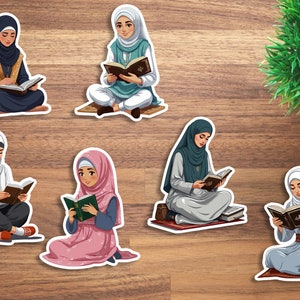 May include: Six illustrations of women wearing headscarves and traditional clothing reading books. The women are sitting on the floor with their legs crossed. The books are open and the women are looking at the pages. The illustrations are in a cartoon style and have a colorful background.