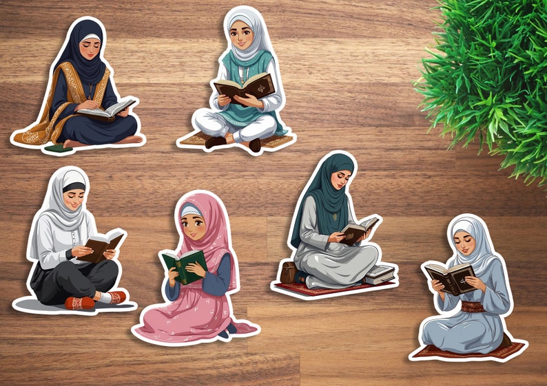 May include: Six illustrations of women wearing headscarves and traditional clothing reading books. The women are sitting on the floor with their legs crossed. The books are open and the women are looking at the pages. The illustrations are in a cartoon style and have a colorful background.