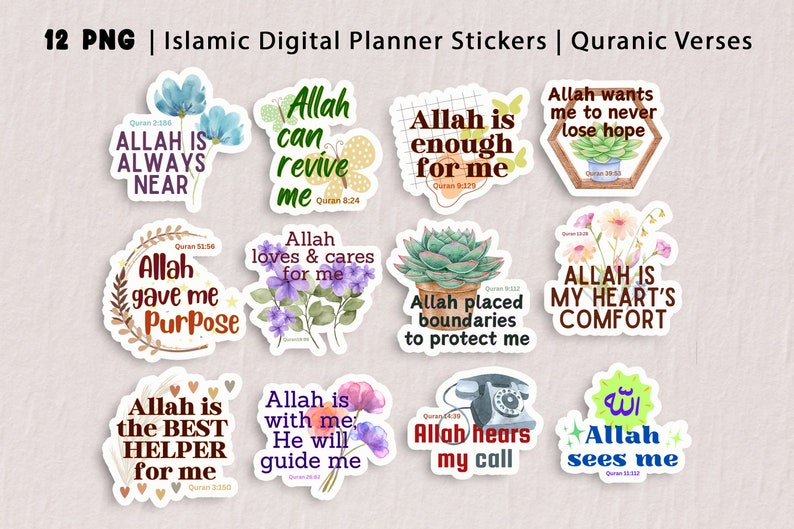 Pu&ograve; includere: Dodici adesivi digitali per planner con citazioni e versetti islamici dal Coran. Gli adesivi presentano illustrazioni ad acquerello di fiori, piante e un telefono. Il testo sugli adesivi &egrave; in inglese e arabo.