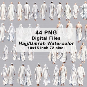 Moslim Hajj Umrah PNG | Digitale bestanden aquarel | Islamitisch paar achteraanzicht | Ihram | Islamitische aquarelelementen | Moslimpaar | Familie