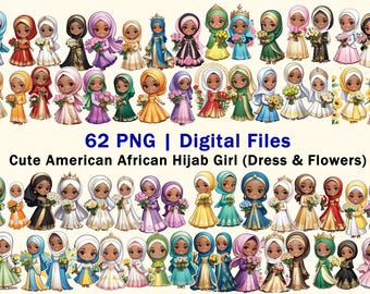 Hijab Woman | Digital File PNG | Cute Black American African Muslim in Dress | Flowers Hijab in Dress |  Princess Muslim | Islamic Girl Art
