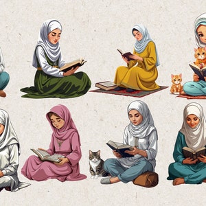 May include: Eight women wearing headscarves are sitting on the floor reading books. Some of the women are holding cats. The women are wearing different colored clothing and headscarves.