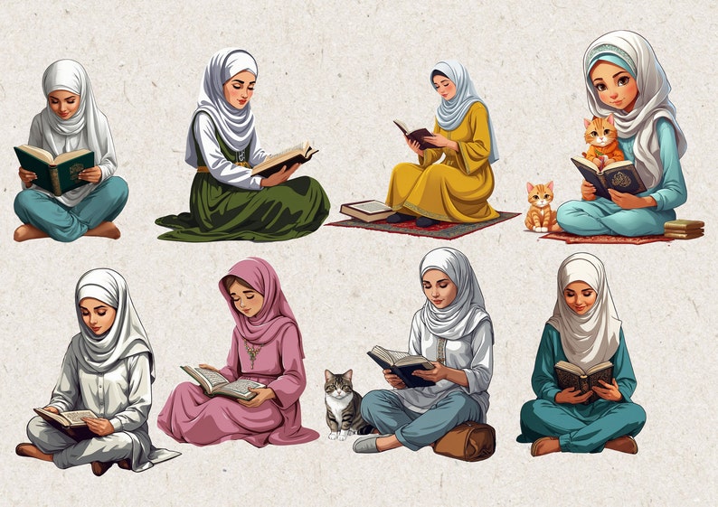 May include: Eight women wearing headscarves are sitting on the floor reading books. Some of the women are holding cats. The women are wearing different colored clothing and headscarves.