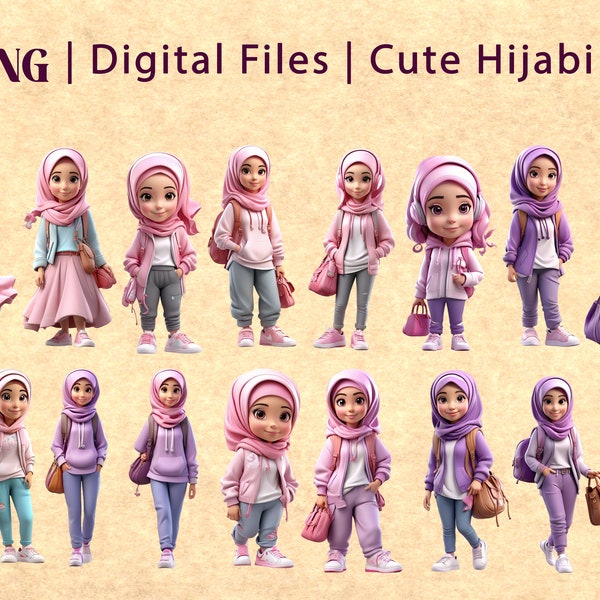 Muslim Hijabi Girl | Islamic Digital Planner Sticker | Cute Kids | Muslim Kid | Beautiful Girl With Hijab | Hijabi Girl PNG File Set | PINK