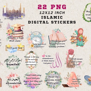 May include: A set of 22 digital Islamic stickers featuring inspirational quotes and illustrations. The stickers are 30.5 cm by 30.5 cm and are perfect for adding a touch of faith to your home, office, or personal belongings.