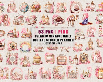 Islamic Daily Digital Stickers | Digital Stickers Planner | PNG Digital Stickers | Muslim Digital Diary Stickers | Vintage Muslim PINK PNG