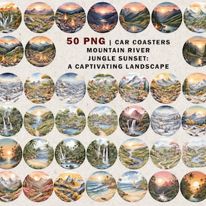 Car Coasters | Cup Holder Inserts | Digital File PNG | Drink Holder Inserts | Mountain River Sunset Landscape | PNG File | Seasons Scenery