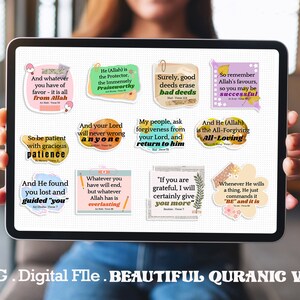 May include: A digital tablet screen displaying 30 colorful digital stickers with Islamic quotes from the Quran. The stickers feature different colors and patterns, including floral designs and geometric shapes. The text on the stickers is in Arabic and English.