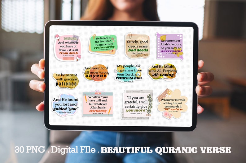 May include: A digital tablet screen displaying 30 colorful digital stickers with Islamic quotes from the Quran. The stickers feature different colors and patterns, including floral designs and geometric shapes. The text on the stickers is in Arabic and English.