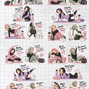 May include: A collection of twenty-two individual stickers featuring illustrations of a person wearing a hijab engaged in various fitness activities, yoga poses, and wellness routines, accompanied by motivational text and gym accessories.