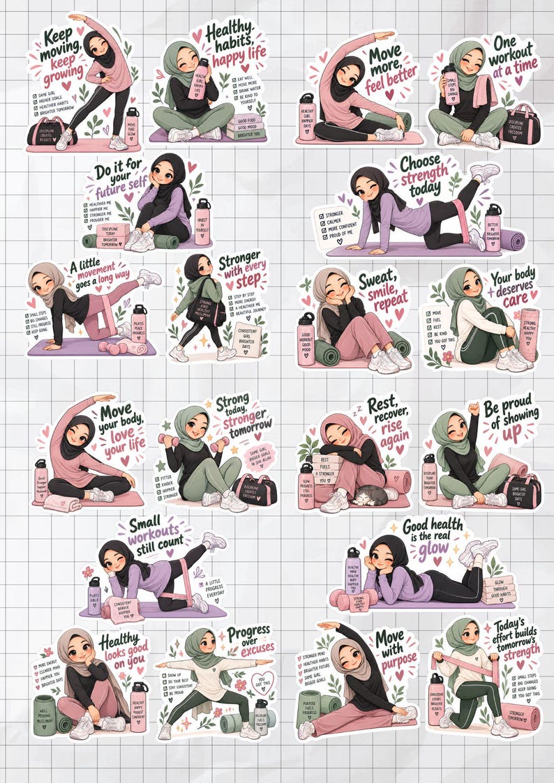 May include: A collection of twenty-two individual stickers featuring illustrations of a person wearing a hijab engaged in various fitness activities, yoga poses, and wellness routines, accompanied by motivational text and gym accessories.