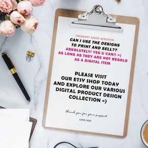 Peut inclure: Une feuille de papier blanche avec un message en rose et noir sur l'utilisation de motifs pour imprimer et vendre. Le texte dit : "Question fr&eacute;quente : Puis-je utiliser les motifs pour imprimer et vendre ? ? Absolument ! Oui, vous pouvez !! =) Tant qu'ils ne sont pas revendus en tant qu'article num&eacute;rique. Veuillez visiter notre boutique Etsy aujourd'hui et explorer notre collection vari&eacute;e de designs de produits num&eacute;riques =)" Le texte comprend &eacute;galement : "Merci pour votre soutien. Avec amour : Suzi."