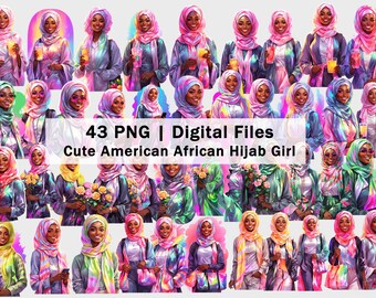 Hijab Woman | Digital File PNG | Cute Black American African Muslim | Hijab Muslim |  Princess Muslim | Islamic Girl Art