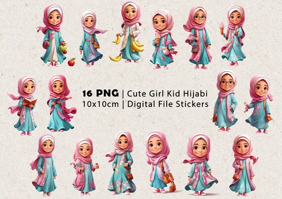 Muslim Hijabi Girl | Islamic Digital Planner Sticker | Cute Kids | Muslim Kid | Beautiful Girl With Hijab | Hijabi Girl PNG File | BLUE PINK