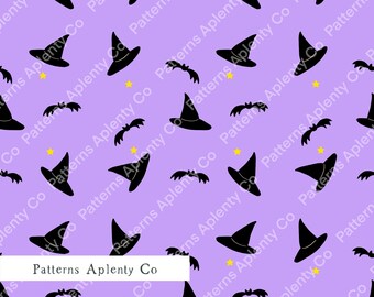 Purple Witch Hats and Bats Seamless Repeat Pattern Halloween Digital Download PNG