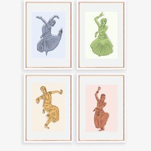 May include: Four framed illustrations of dancers in various poses. Each illustration is in a different color: blue, green, yellow, and orange. The frames are white with a gold trim.