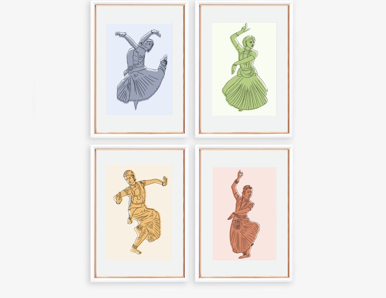 May include: Four framed illustrations of dancers in various poses. Each illustration is in a different color: blue, green, yellow, and orange. The frames are white with a gold trim.