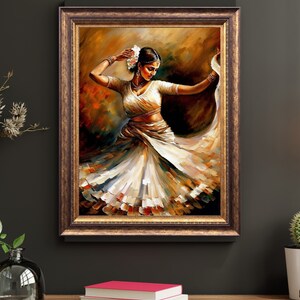 May include: A framed painting of a woman in a white dress dancing. The woman has dark hair and is wearing a flower in her hair. The background is a warm brown color.