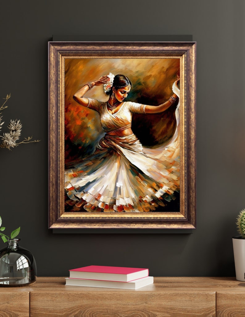 May include: A framed painting of a woman in a white dress dancing. The woman has dark hair and is wearing a flower in her hair. The background is a warm brown color.