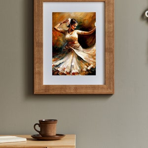 May include: A framed painting of a woman in a white dress dancing. The woman has dark hair and is wearing jewelry. The background is a warm brown color.