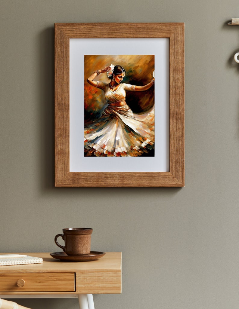May include: A framed painting of a woman in a white dress dancing. The woman has dark hair and is wearing jewelry. The background is a warm brown color.