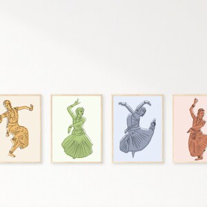 May include: Four framed illustrations of dancers in various poses. The dancers are outlined in different colors: orange, green, gray, and brown. The frames are all the same size and shape, and they are arranged in a row.