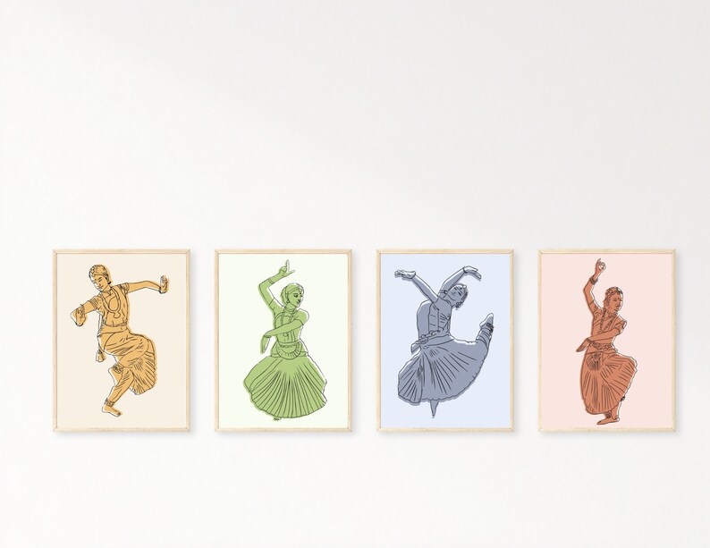 May include: Four framed illustrations of dancers in various poses. The dancers are outlined in different colors: orange, green, gray, and brown. The frames are all the same size and shape, and they are arranged in a row.