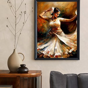May include: A painting of a woman in a white dress dancing. The woman is wearing a flower in her hair and jewelry. The background is a warm brown color.