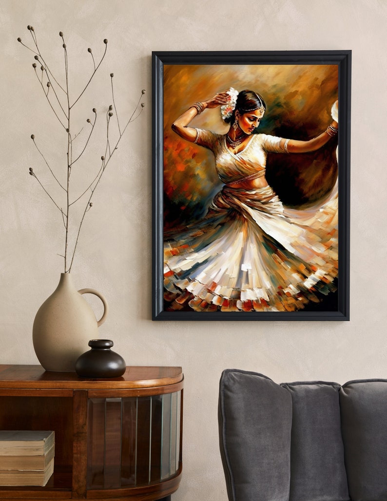 May include: A painting of a woman in a white dress dancing. The woman is wearing a flower in her hair and jewelry. The background is a warm brown color.