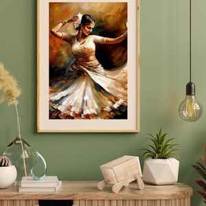 May include: A painting of a woman in a white dress dancing. The woman has dark hair and is wearing a flower in her hair. The background is a warm brown color.