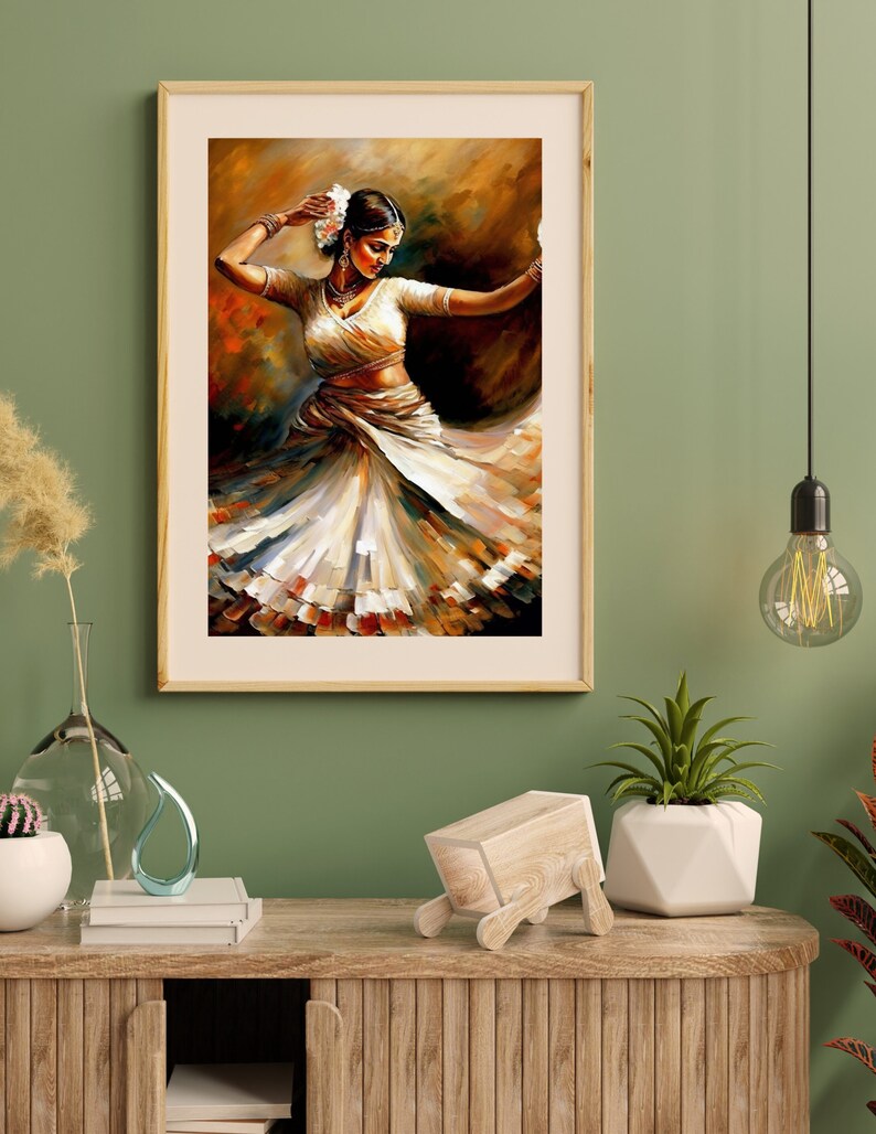 May include: A painting of a woman in a white dress dancing. The woman has dark hair and is wearing a flower in her hair. The background is a warm brown color.