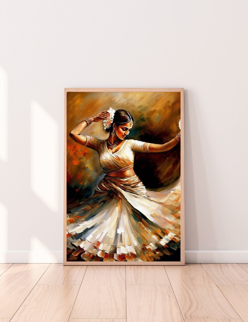 May include: A painting of a woman in a white dress with gold accents, dancing with her arms raised. The background is a warm brown and orange.