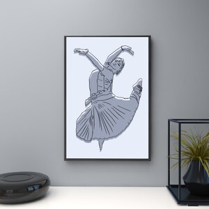 May include: A black and white line drawing of a dancer in a long skirt, leaping in the air with arms outstretched. The drawing is framed and hanging on a white wall.