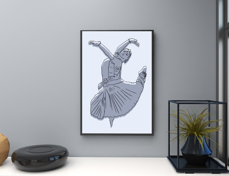 May include: A black and white line drawing of a dancer in a long skirt, leaping in the air with arms outstretched. The drawing is framed and hanging on a white wall.