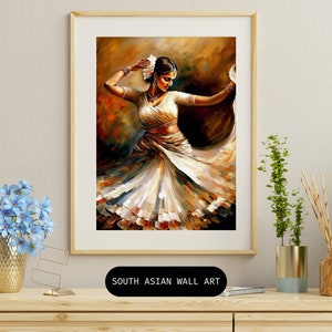 May include: A painting of a woman in a white dress dancing. The background is a warm brown color. The woman has a flower in her hair and is wearing jewelry. The painting is framed in a wooden frame.