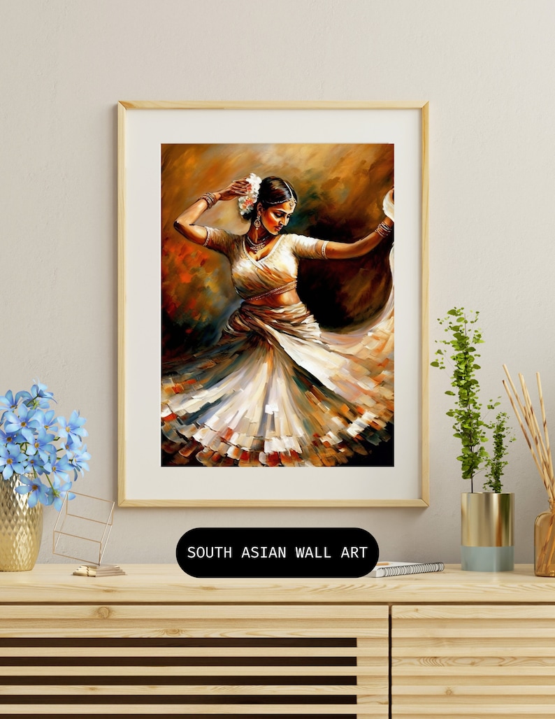 May include: A painting of a woman in a white dress dancing. The background is a warm brown color. The woman has a flower in her hair and is wearing jewelry. The painting is framed in a wooden frame.