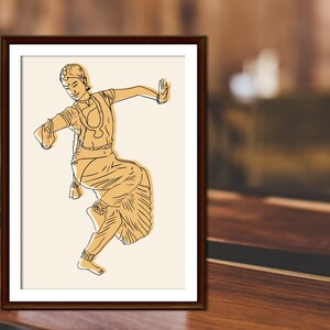 May include: Line drawing of a woman in a traditional Indian dance pose, wearing a headpiece and jewelry. The drawing is in shades of yellow and brown on a cream background.
