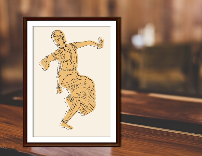 May include: Line drawing of a woman in a traditional Indian dance pose, wearing a headpiece and jewelry. The drawing is in shades of yellow and brown on a cream background.