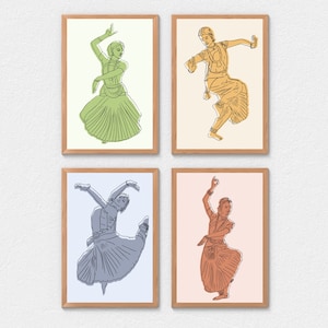 Indian Dance Art Prints | Set of 4 Bharathanatyam Wall Decor | South Asian Art | Classical Dancer | Colorful Wall Decor| South Indian Decor