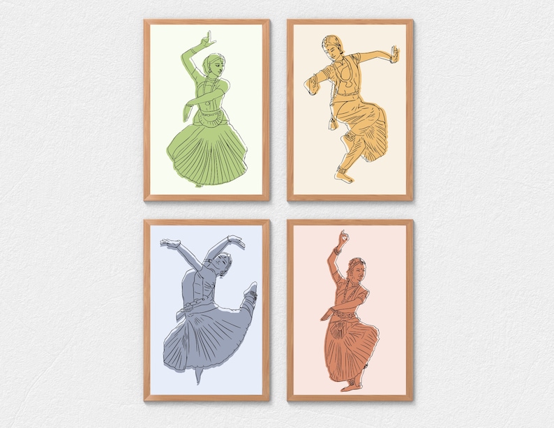 May include: Four framed illustrations of dancers in various poses. Each dancer is wearing a long skirt and is depicted in a different color: green, yellow, blue, and orange.