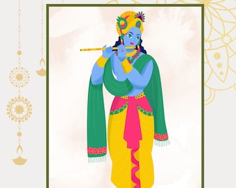 Lord Krishna Illustration: Hindu Gott Illustration Kunstdruck (Digitaler Download)