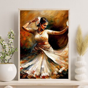 May include: A painting of a woman in a white dress with a floral headpiece, dancing with a flowing skirt. The background is a warm brown color.