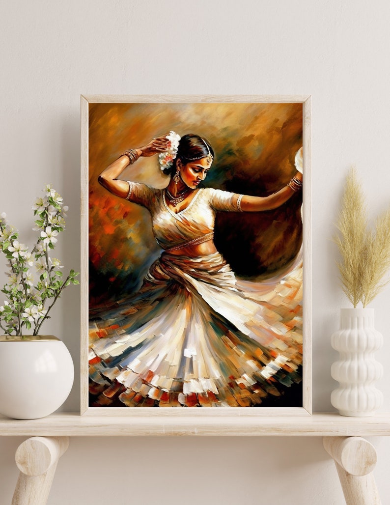 May include: A painting of a woman in a white dress with a floral headpiece, dancing with a flowing skirt. The background is a warm brown color.