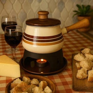 May include: A vintage fondue pot with a brown lid and handle, cream-colored body with brown and orange stripes, and a black base. A lit tea light sits inside the base. Wine glasses, cheese, and bread are also present.