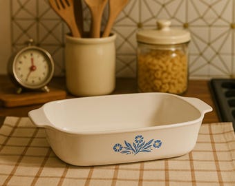 May include: A white rectangular baking dish with blue floral design. The dish has two handles and sits on a checkered cloth. Kitchen utensils and a jar of pasta are in the background.