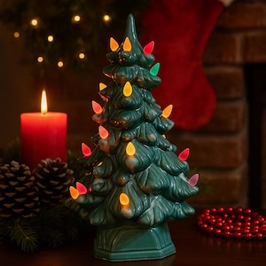 Vintage Atlantic Mold Ceramic Christmas Tree with Rectangular Base | 1970s Light-Up Holiday Décor