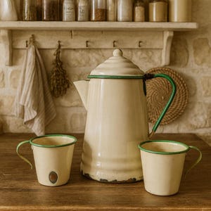 May include: Cream-colored enamelware coffee pot and two matching mugs with green trim. The coffee pot has a green handle and lid trim. The mugs also have green handles. The set is displayed on a wooden surface, suggesting a vintage or farmhouse aesthetic.
