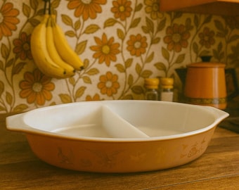 Vintage Pyrex Brown & Gold Americana Geteilte Kasserolle